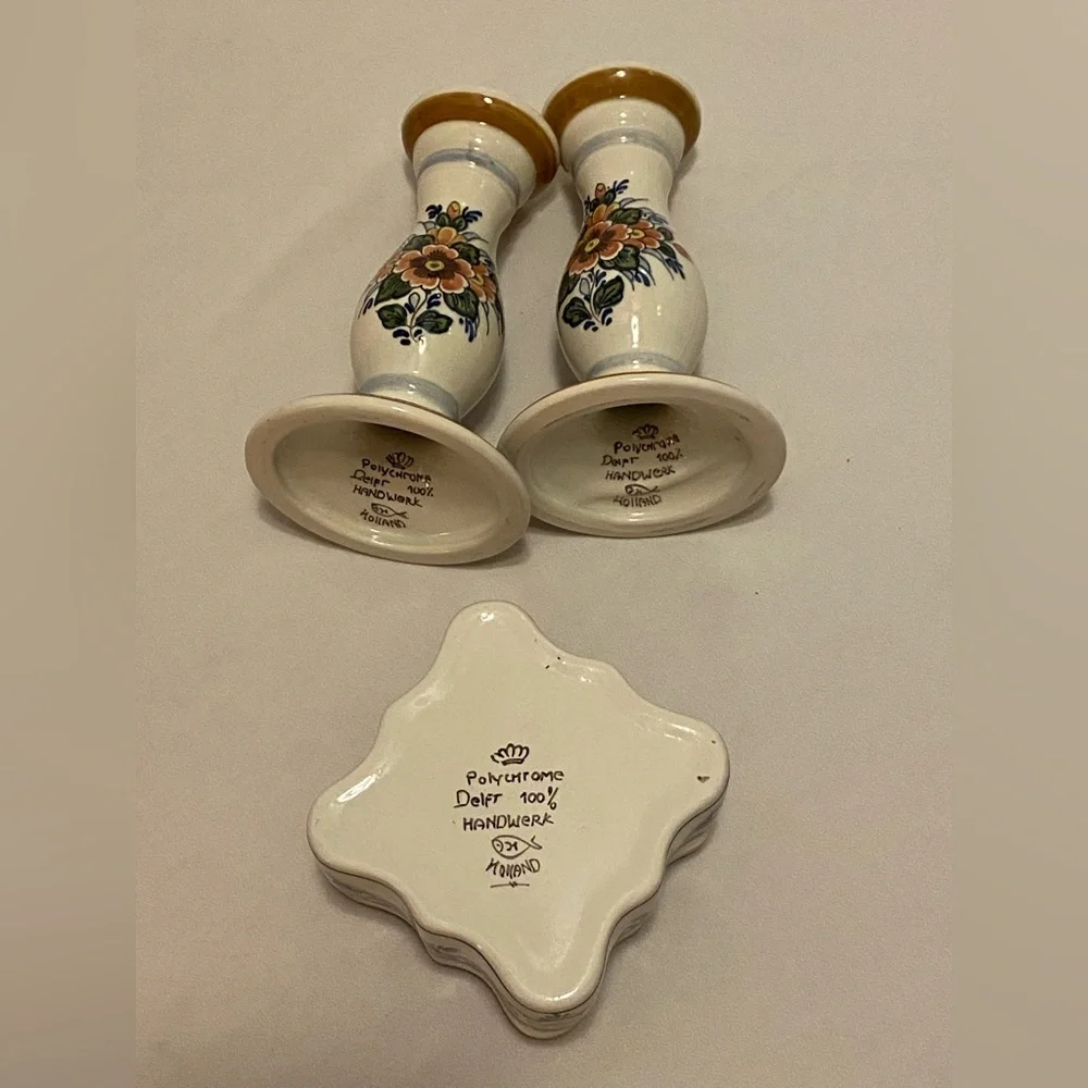 DELFT Pottery Floral Ceramic Candle Holders and Box Set